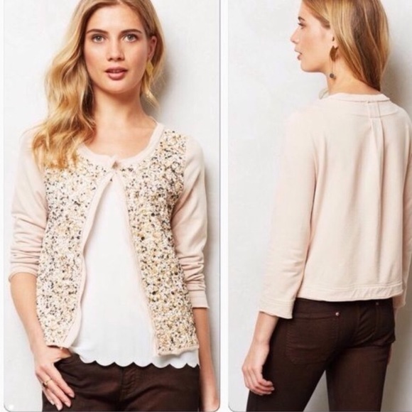 Anthropologie Postmark Sequin Beaded Pink Cardigan - Picture 2 of 7